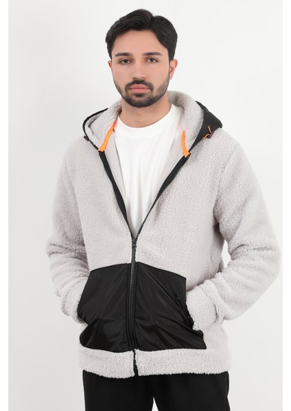 Erkek Kapüşonlu Fermuarlı Cep Detaylı Peluş Sweatshirt Gri - 9005