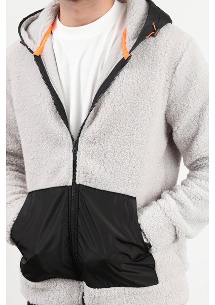 Erkek Kapüşonlu Fermuarlı Cep Detaylı Peluş Sweatshirt Gri - 9005