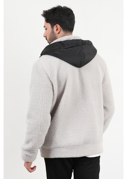 Erkek Kapüşonlu Fermuarlı Cep Detaylı Peluş Sweatshirt Gri - 9005