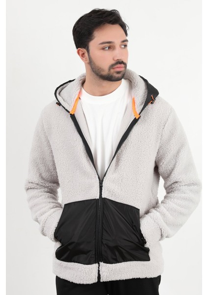 Erkek Kapüşonlu Fermuarlı Cep Detaylı Peluş Sweatshirt Gri - 9005