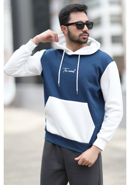 Erkek Kapüşonlu Sweatshirt Indigo Regularfit 3 Ip Şardonlu Baskılı Kanguru Cepli Hoodie - 5338