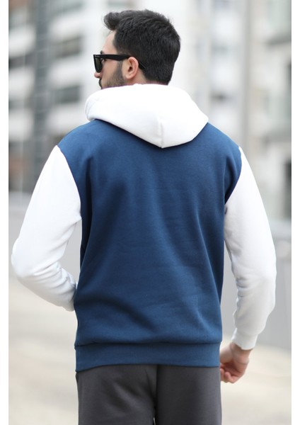 Erkek Kapüşonlu Sweatshirt Indigo Regularfit 3 Ip Şardonlu Baskılı Kanguru Cepli Hoodie - 5338 modelleri