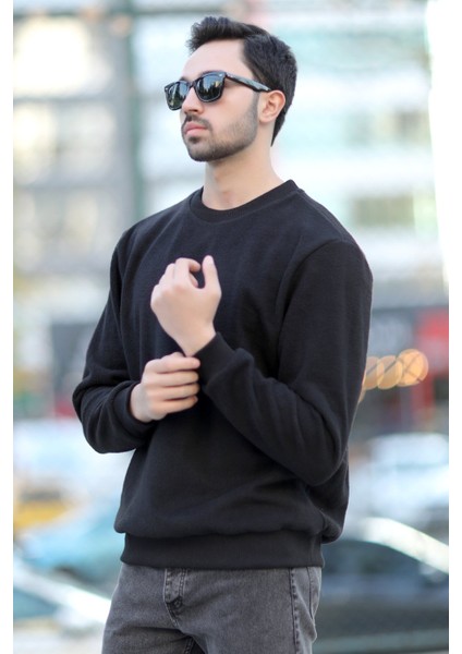 Erkek Oversize Sweatshirt Siyah Intersoft Ribanalı Bisiklet Yaka Rahat Kesim - 5737