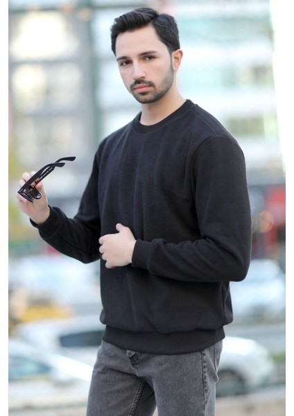 Erkek Oversize Sweatshirt Siyah Intersoft Ribanalı Bisiklet Yaka Rahat Kesim - 5737 fiyatları