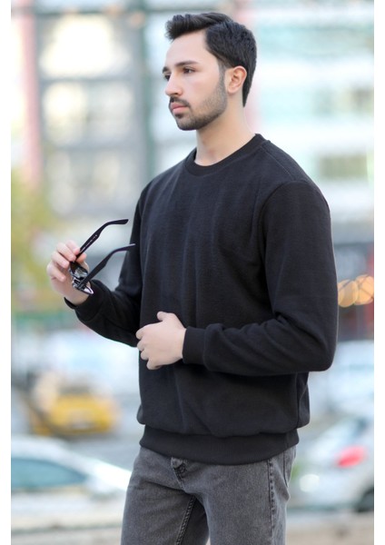 Erkek Oversize Sweatshirt Siyah Intersoft Ribanalı Bisiklet Yaka Rahat Kesim - 5737 fırsatları
