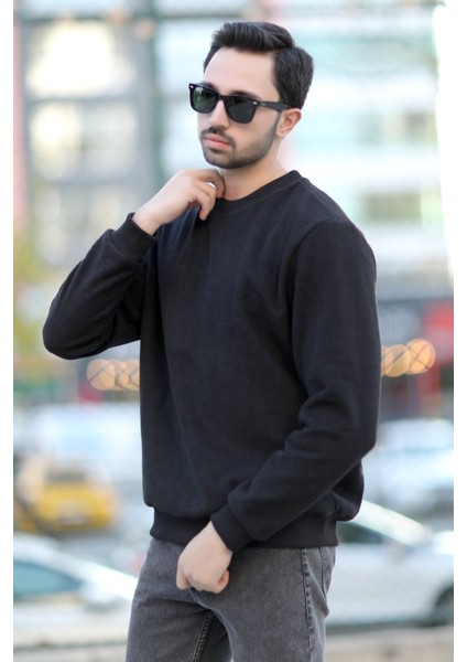 Erkek Oversize Sweatshirt Siyah Intersoft Ribanalı Bisiklet Yaka Rahat Kesim - 5737 indirimleri