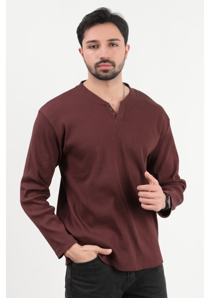 Erkek V Yaka Düğme Detaylı Dokulu Sweatshirt Bordo - 5524 modelleri