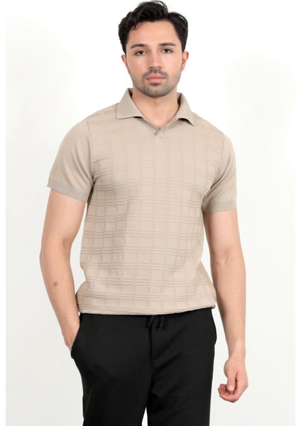 Erkek Polo Yaka Kısa Kol Dokulu Triko T-Shirt Bej - 2504 fırsatları