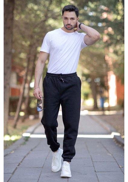 Erkek Eşofman Altı Siyah 3 Iplik Kışlık Cepli Beli Bağcıklı Lastikli Paça - 10008 fırsatları