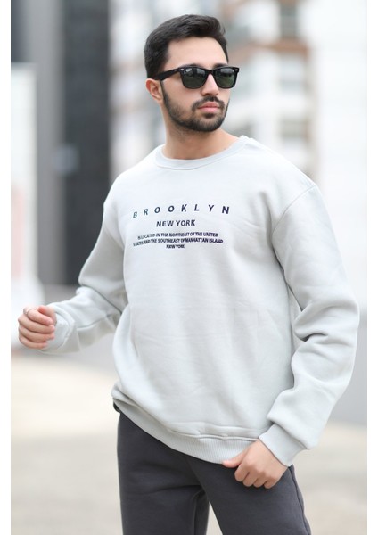 Erkek Kışlık Oversize Sweatshirt Açık Gri O Yaka Ribanlı 3 Ip Şardonlu Nakışlı - 10022