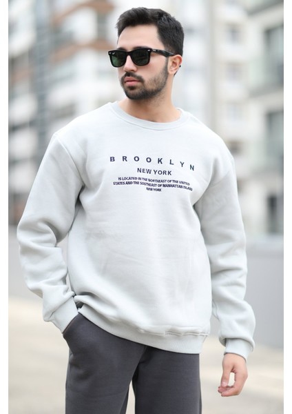 Erkek Kışlık Oversize Sweatshirt Açık Gri O Yaka Ribanlı 3 Ip Şardonlu Nakışlı - 10022