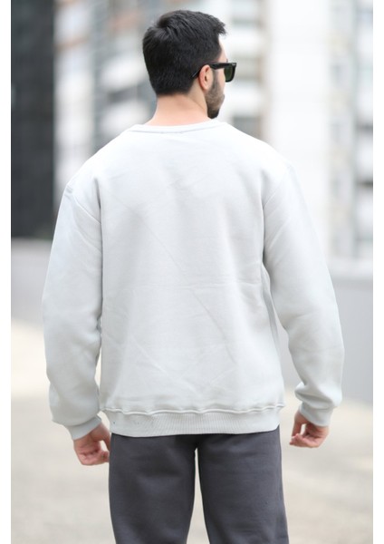Erkek Kışlık Oversize Sweatshirt Açık Gri O Yaka Ribanlı 3 Ip Şardonlu Nakışlı - 10022