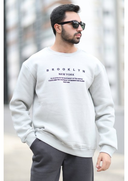Erkek Kışlık Oversize Sweatshirt Açık Gri O Yaka Ribanlı 3 Ip Şardonlu Nakışlı - 10022