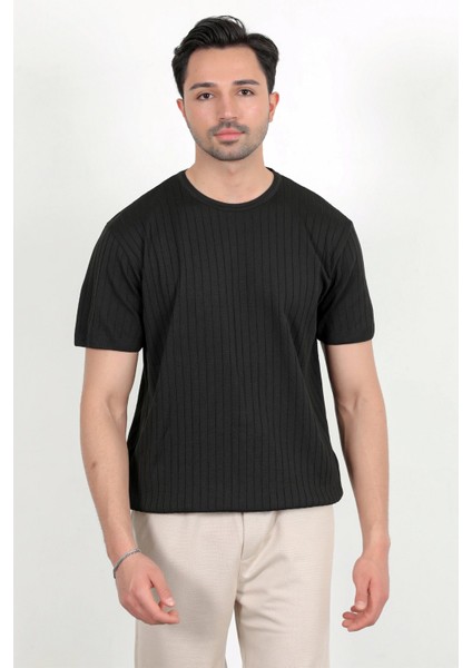 Erkek Bisiklet Yaka Kısa Kol Fitilli Triko T-Shirt Siyah - 2502