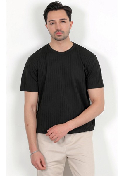 Erkek Bisiklet Yaka Kısa Kol Fitilli Triko T-Shirt Siyah - 2502 fiyatları