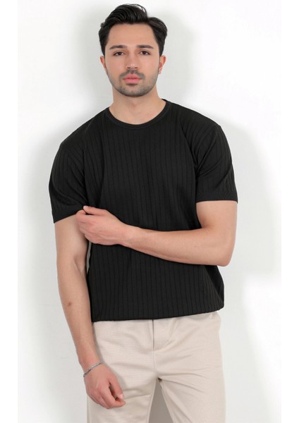 Erkek Bisiklet Yaka Kısa Kol Fitilli Triko T-Shirt Siyah - 2502 modelleri