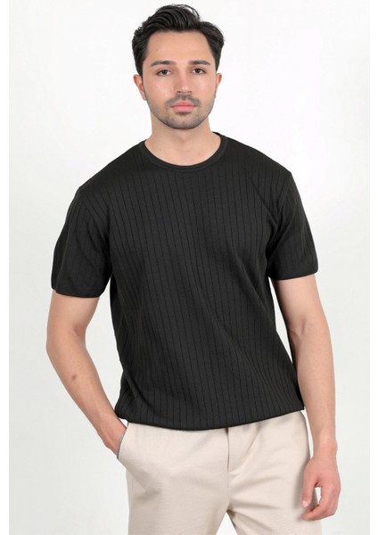 Erkek Bisiklet Yaka Kısa Kol Fitilli Triko T-Shirt Siyah - 2502 indirimleri