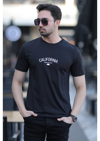 Erkek Bisiklet Yaka California Enjeksiyon Baskılı T-Shirt Siyah - 2020-2