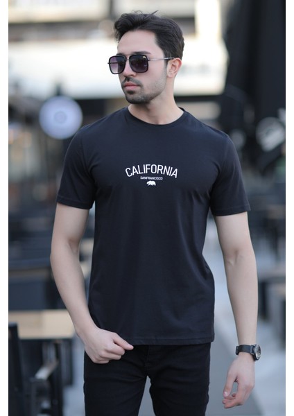Erkek Bisiklet Yaka California Enjeksiyon Baskılı T-Shirt Siyah - 2020-2