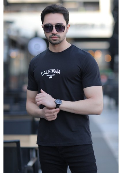 Erkek Bisiklet Yaka California Enjeksiyon Baskılı T-Shirt Siyah - 2020-2