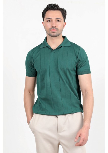 Erkek Polo Yaka Kısa Kol Çizgili Triko T-Shirt Yeşil - 2503