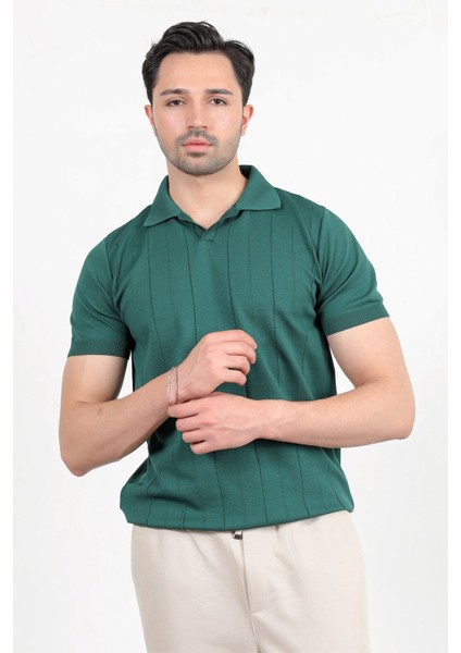 Erkek Polo Yaka Kısa Kol Çizgili Triko T-Shirt Yeşil - 2503
