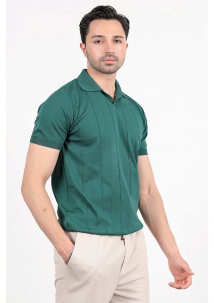 Erkek Polo Yaka Kısa Kol Çizgili Triko T-Shirt Yeşil - 2503
