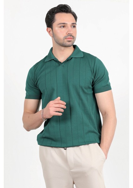Erkek Polo Yaka Kısa Kol Çizgili Triko T-Shirt Yeşil - 2503
