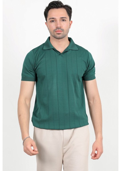 Erkek Polo Yaka Kısa Kol Çizgili Triko T-Shirt Yeşil - 2503