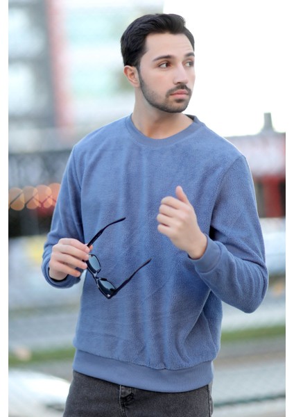 Erkek Oversize Sweatshirt Mavi Intersoft Ribanalı Bisiklet Yaka Rahat Kesim - 5737