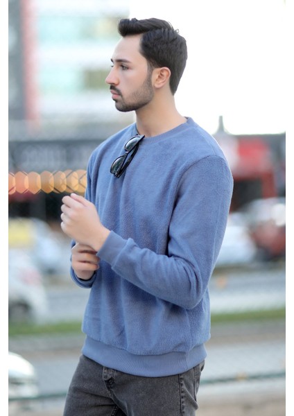 Erkek Oversize Sweatshirt Mavi Intersoft Ribanalı Bisiklet Yaka Rahat Kesim - 5737 fiyatları