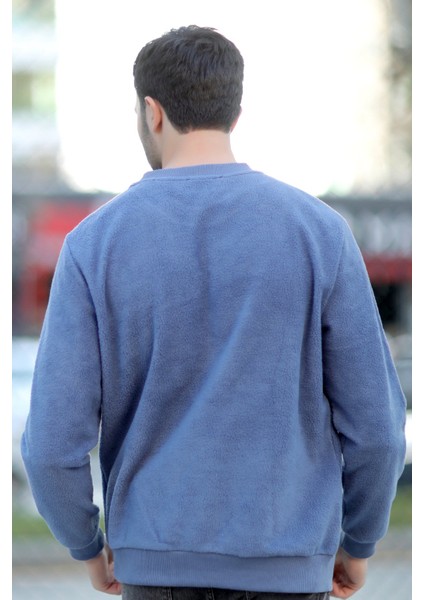 Erkek Oversize Sweatshirt Mavi Intersoft Ribanalı Bisiklet Yaka Rahat Kesim - 5737 modelleri