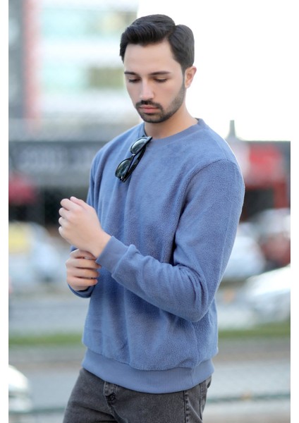 Erkek Oversize Sweatshirt Mavi Intersoft Ribanalı Bisiklet Yaka Rahat Kesim - 5737 indirimleri