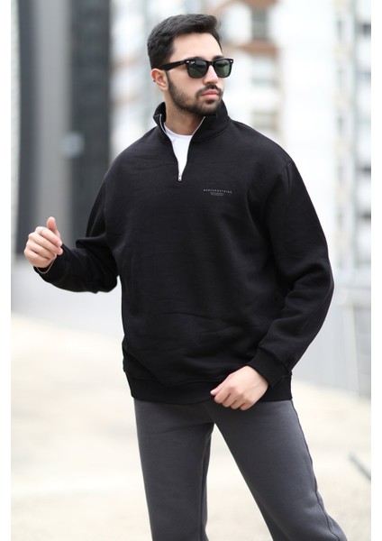 Erkek Oversize Sweatshirt Siyah Dik Yaka Yarım Fermuar Baskılı 3 Iplik Şardonlu - 10010