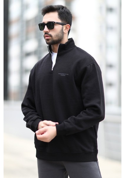 Erkek Oversize Sweatshirt Siyah Dik Yaka Yarım Fermuar Baskılı 3 Iplik Şardonlu - 10010 fiyatları