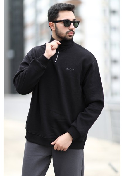 Erkek Oversize Sweatshirt Siyah Dik Yaka Yarım Fermuar Baskılı 3 Iplik Şardonlu - 10010 modelleri
