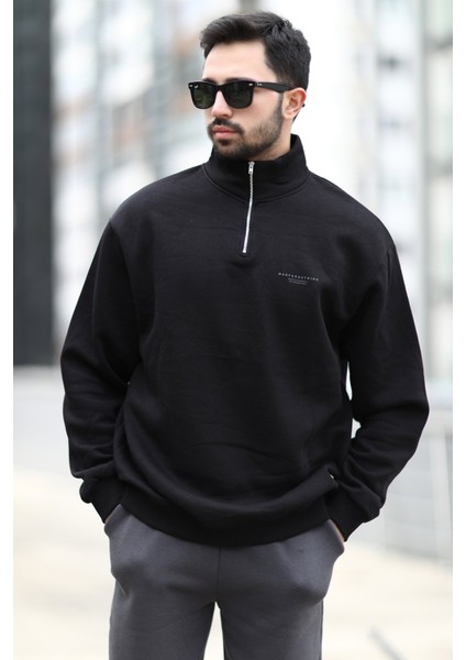 Erkek Oversize Sweatshirt Siyah Dik Yaka Yarım Fermuar Baskılı 3 Iplik Şardonlu - 10010 indirimleri