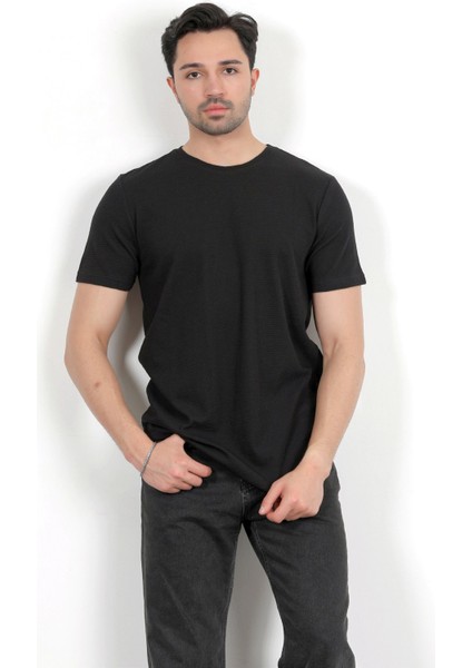 Erkek Bisiklet Yaka Etiket Detaylı Dokulu T-Shirt Siyah - 2743 fiyatları