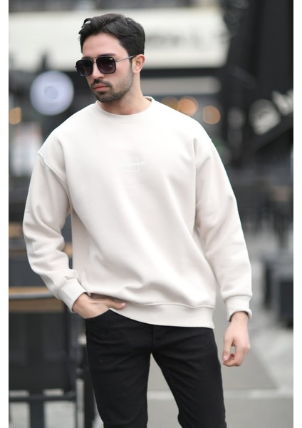 Erkek Bisiklet Yaka Marka Baskılı Üç Iplik Şardonlu Sweatshirt Kum Gri - 5255-1