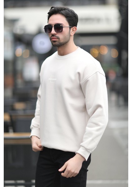 Erkek Bisiklet Yaka Marka Baskılı Üç Iplik Şardonlu Sweatshirt Kum Gri - 5255-1 modelleri