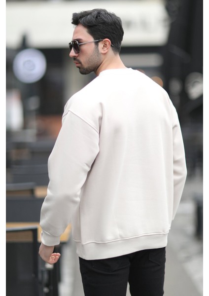 Erkek Bisiklet Yaka Marka Baskılı Üç Iplik Şardonlu Sweatshirt Kum Gri - 5255-1 fırsatları