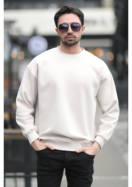 Erkek Bisiklet Yaka Marka Baskılı Üç Iplik Şardonlu Sweatshirt Kum Gri - 5255-1 indirimleri