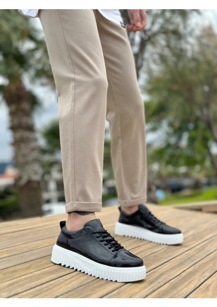 ET8104 Yüksek Siyah Taban Rugan Bağcıklı Erkek Ayakkabı