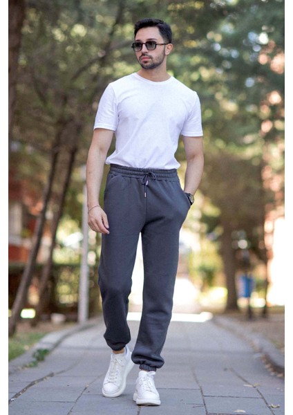 Erkek Eşofman Altı Antrasit 3 Iplik Kışlık Cepli Beli Bağcıklı Lastikli Paça - 10008