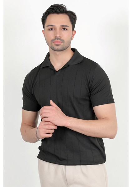 Erkek Polo Yaka Kısa Kol Çizgili Triko T-Shirt Siyah - 2503