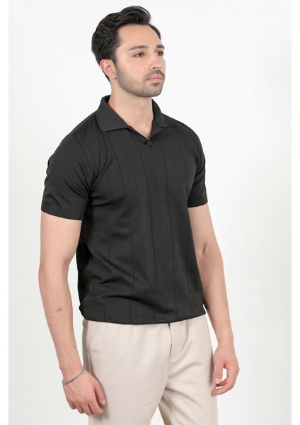 Erkek Polo Yaka Kısa Kol Çizgili Triko T-Shirt Siyah - 2503