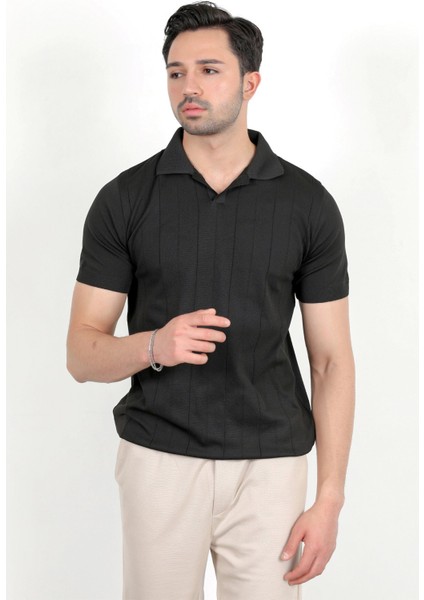 Erkek Polo Yaka Kısa Kol Çizgili Triko T-Shirt Siyah - 2503