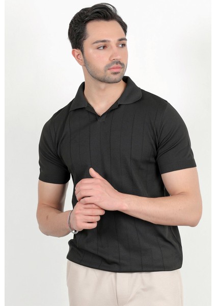Erkek Polo Yaka Kısa Kol Çizgili Triko T-Shirt Siyah - 2503