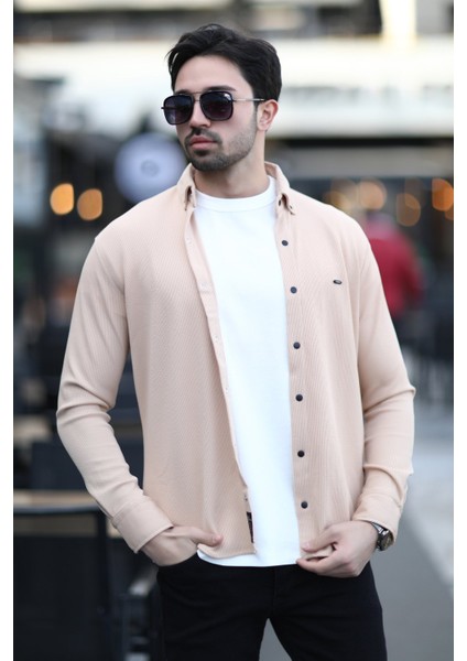Erkek Çıtçıt Kapamalı Dokulu Örme Gömlek Bej - 16788