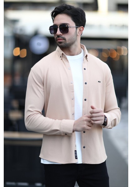Erkek Çıtçıt Kapamalı Dokulu Örme Gömlek Bej - 16788 fiyatları